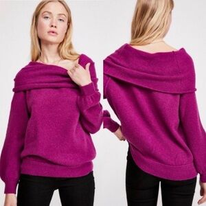 Free People Wool Blend‎ Echo Beach Cowl Neck Sweater Fuchsia Pink Size XS Boho